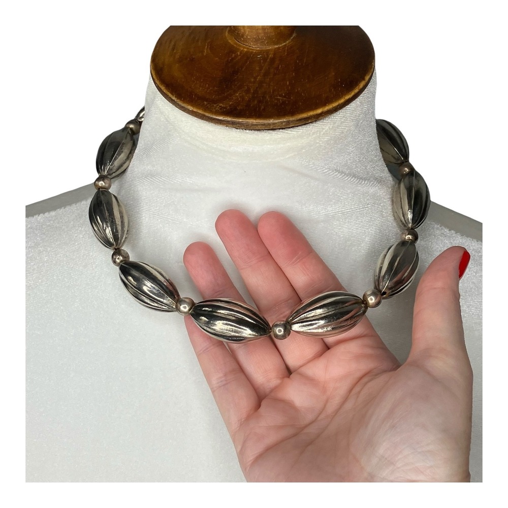 Vtg 80s Metal Fluted Bead Necklace Statement Chunky Choker Bold Retro Eclectic